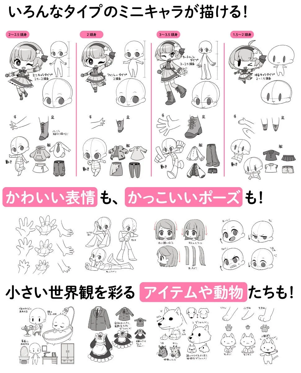 さまざまな頭身タイプのミニキャラの描き方を紹介するイメージ
