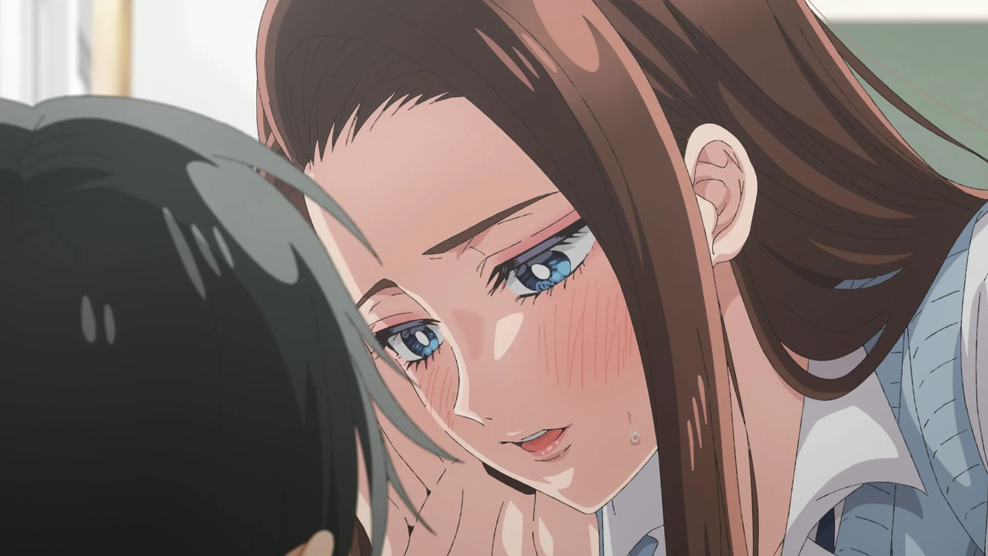 顔を赤らめ、汗をかいているアニメスタイルの女性