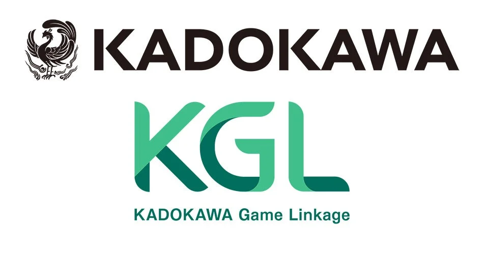 KADOKAWAのロゴと、そのゲーム・メディア事業を手がけるKADOKAWA Game Linkage（KGL）のロゴが並べて表示された画像です。鳳凰のエンブレムも含まれます。
